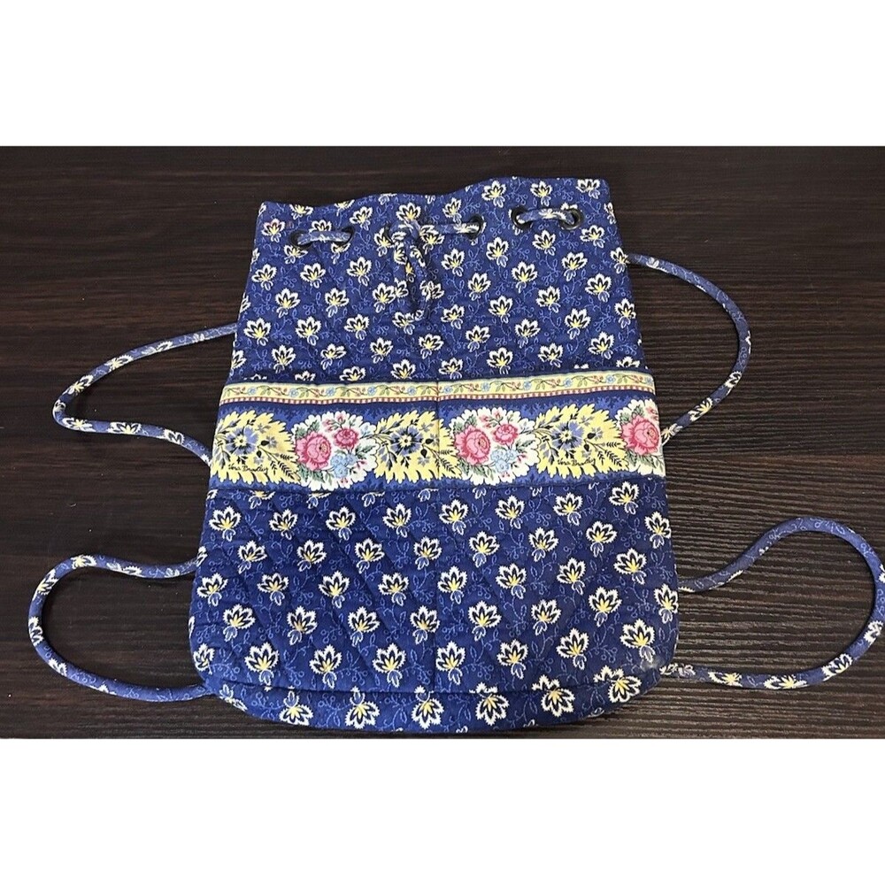 Vintage Vera Bradley Maison Blue Drawstring Backpack Retired Quilted Floral USA